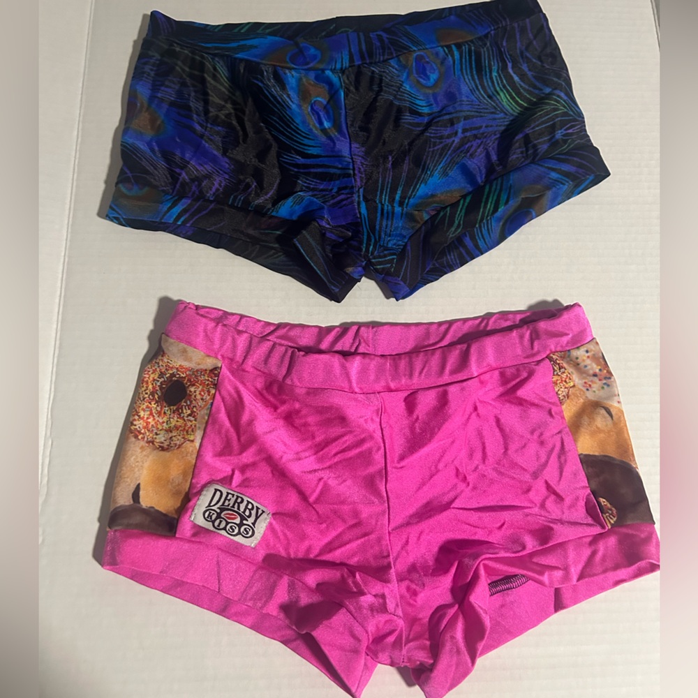 Two pairs Derby Kiss S/M Spandex Shorts Donuts Peackock